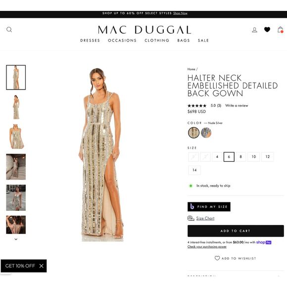 NWT Mac Duggal [ 4 ] Halter Neck Embellished Detailed Back Gown 93981 Nude Mirro - Picture 3 of 16